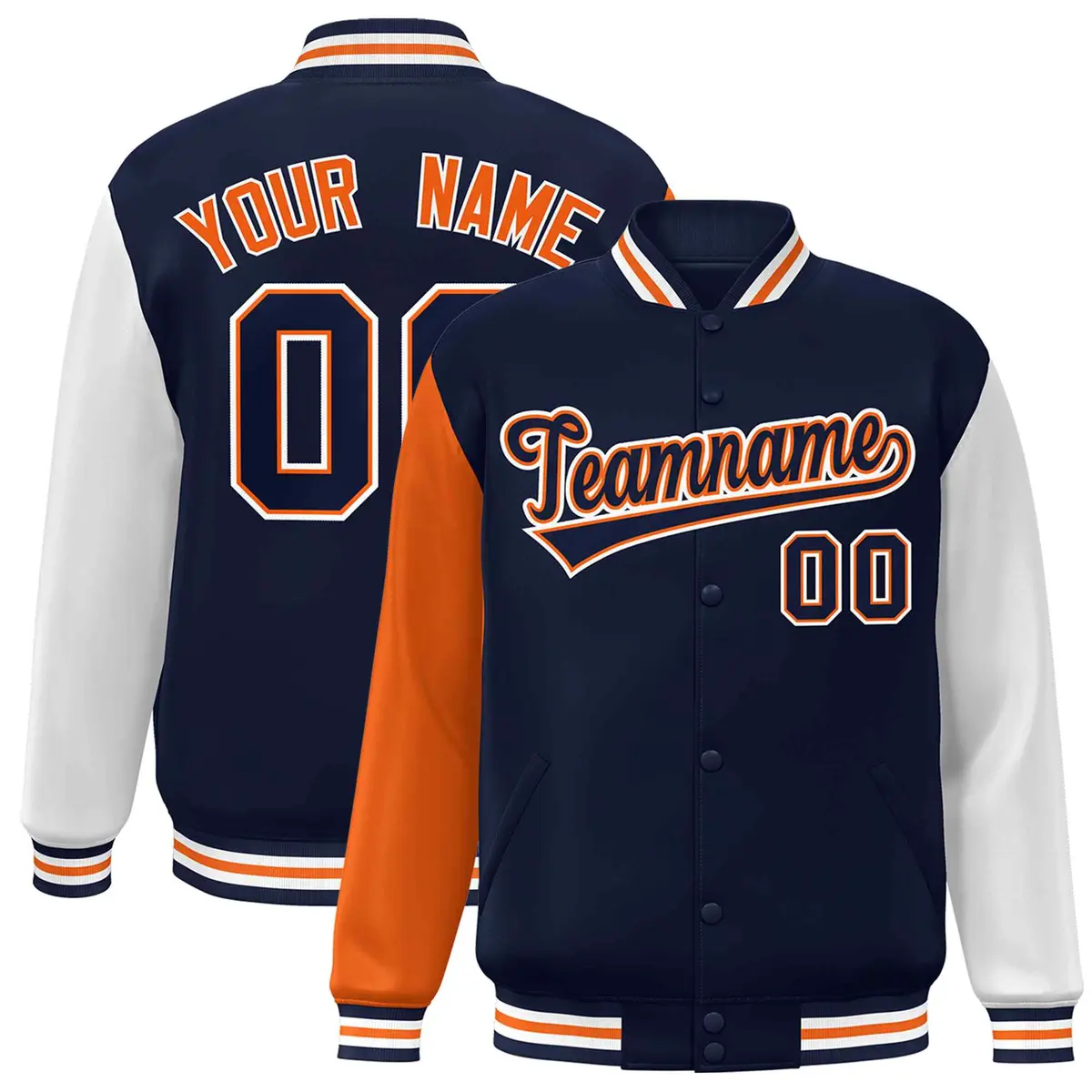 Navy Navy-Orange Raglan Varsity Full-Snap Letterman Jacket