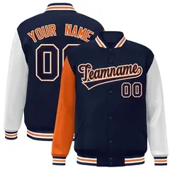 Navy Navy-Orange Raglan Varsity Full-Snap Letterman Jacket