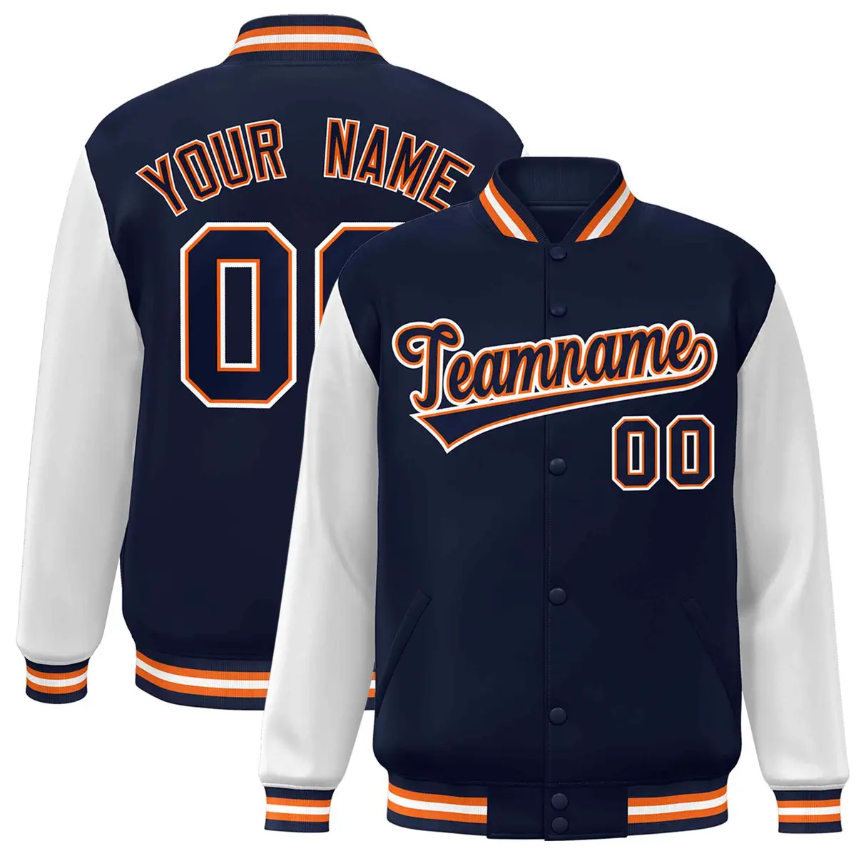 Navy Navy-Orange Raglan Varsity Full-Snap Letterman Jacket