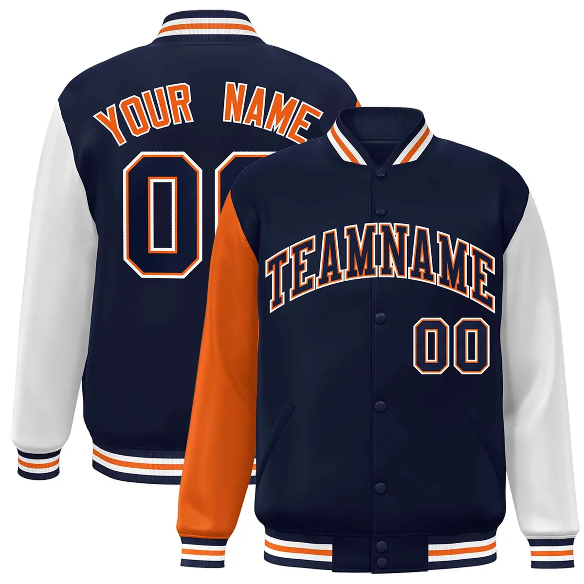 Navy Navy-Orange Raglan Varsity Full-Snap Letterman Jacket