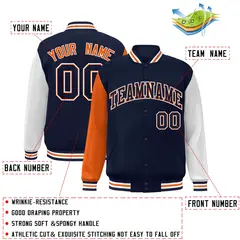Navy Navy-Orange Raglan Varsity Full-Snap Letterman Jacket 2