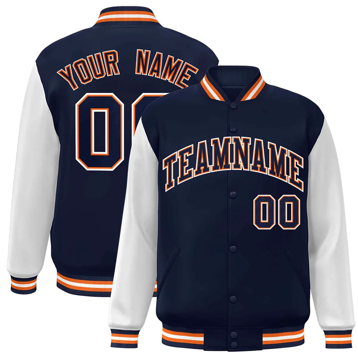 Navy Navy-Orange Raglan Varsity Full-Snap Letterman Jacket