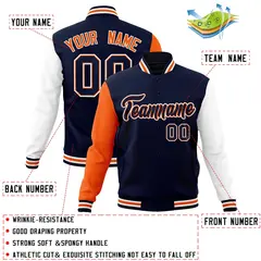 Navy Navy-Orange Raglan Varsity Full-Snap Letterman Jacket 4