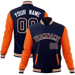 Navy Navy-Orange Raglan Varsity Full-Snap Letterman Jacket