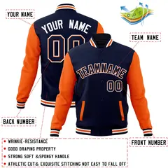 Navy Navy-Orange Raglan Varsity Full-Snap Letterman Jacket 4