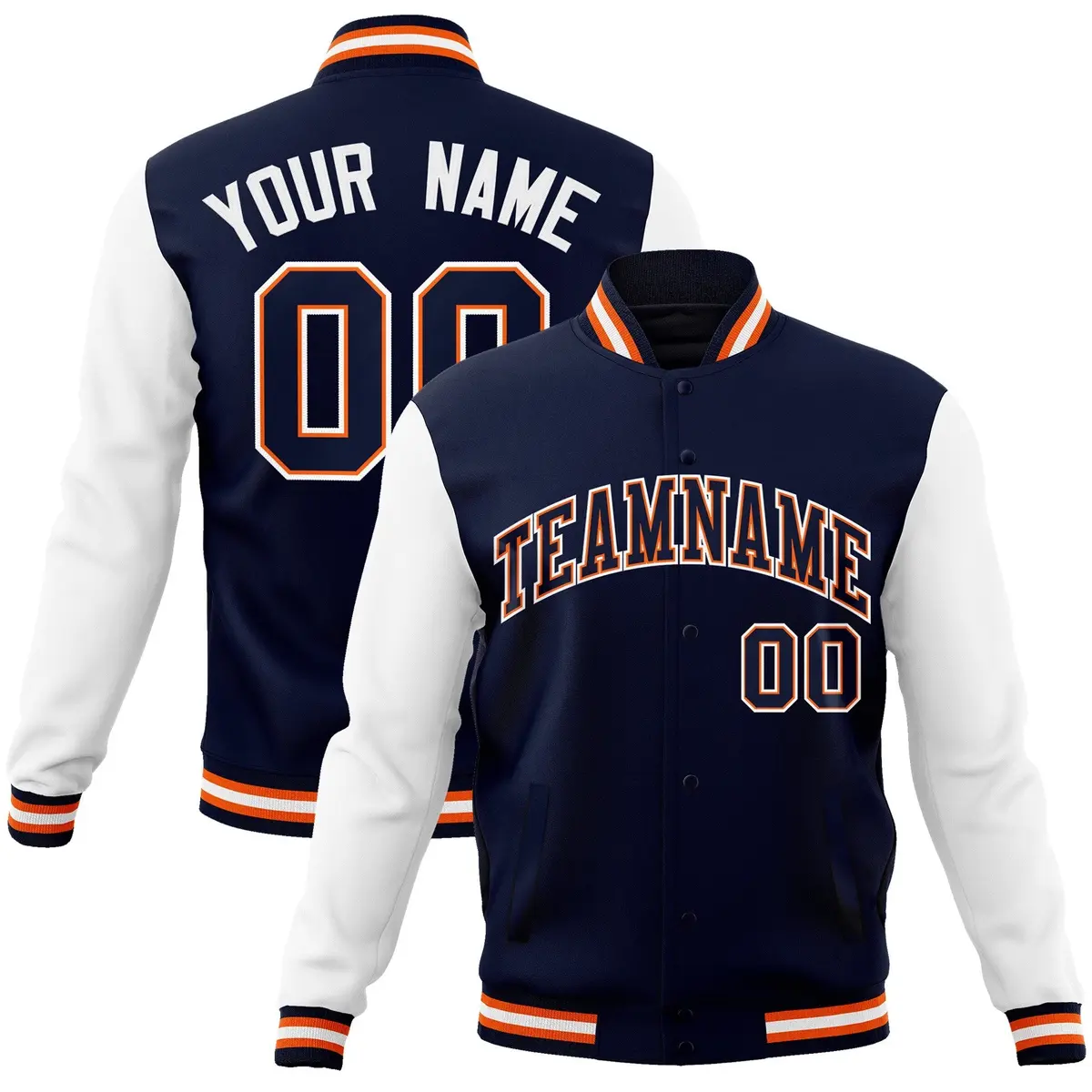 Navy Navy-Orange Raglan Varsity Full-Snap Letterman Jacket