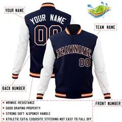 Navy Navy-Orange Raglan Varsity Full-Snap Letterman Jacket 4