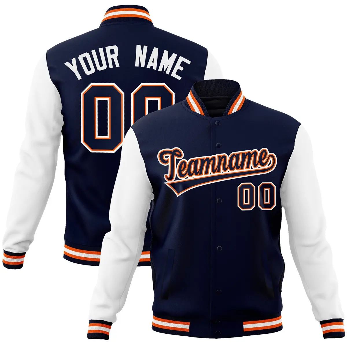 Navy Navy-Orange Raglan Varsity Full-Snap Letterman Jacket