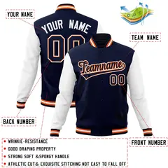 Navy Navy-Orange Raglan Varsity Full-Snap Letterman Jacket 4