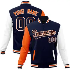 Navy Navy-Orange Raglan Varsity Full-Snap Letterman Jacket 1