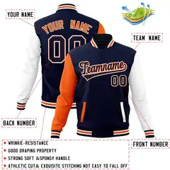 Navy Navy-Orange Raglan Varsity Full-Snap Letterman Jacket 4