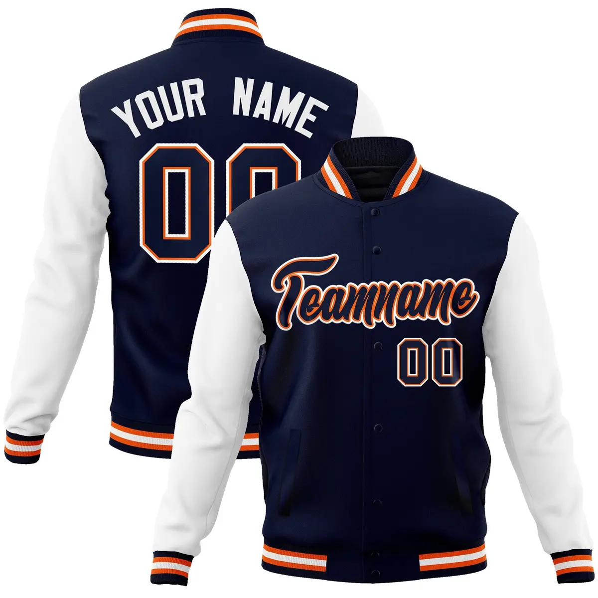 Navy Navy-Orange Raglan Varsity Full-Snap Letterman Jacket