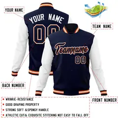 Navy Navy-Orange Raglan Varsity Full-Snap Letterman Jacket 4