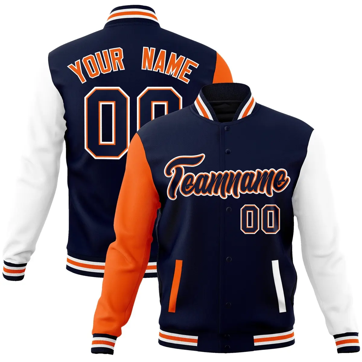 Navy Navy-Orange Raglan Varsity Full-Snap Letterman Jacket