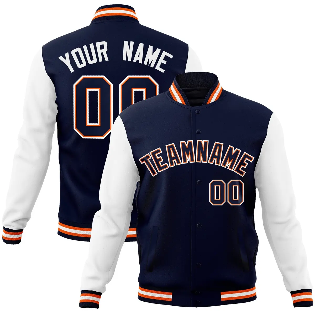 Navy Navy-Orange Raglan Varsity Full-Snap Letterman Jacket
