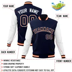 Navy Navy-Orange Raglan Varsity Full-Snap Letterman Jacket 4