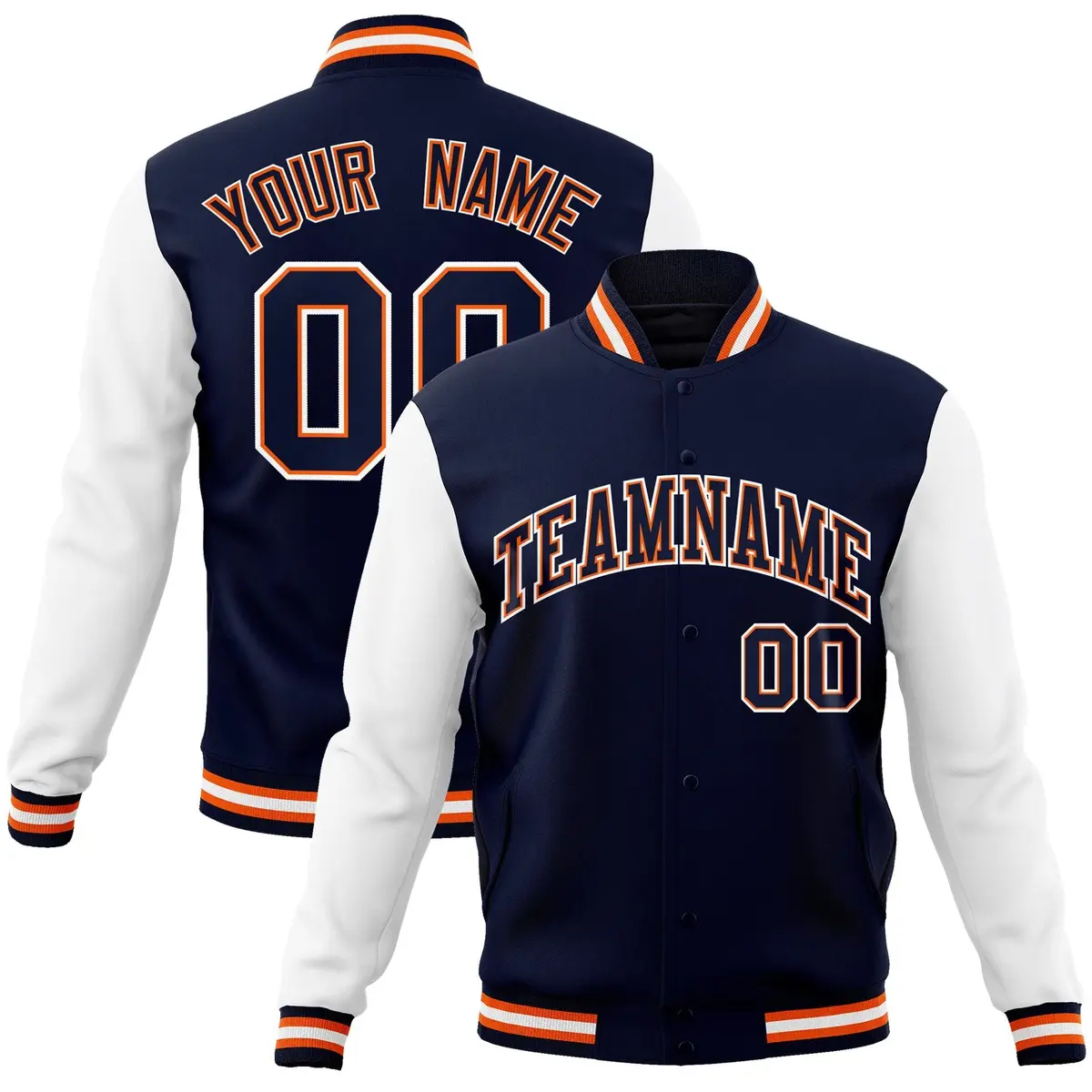 Navy Navy-Orange Raglan Varsity Full-Snap Letterman Jacket