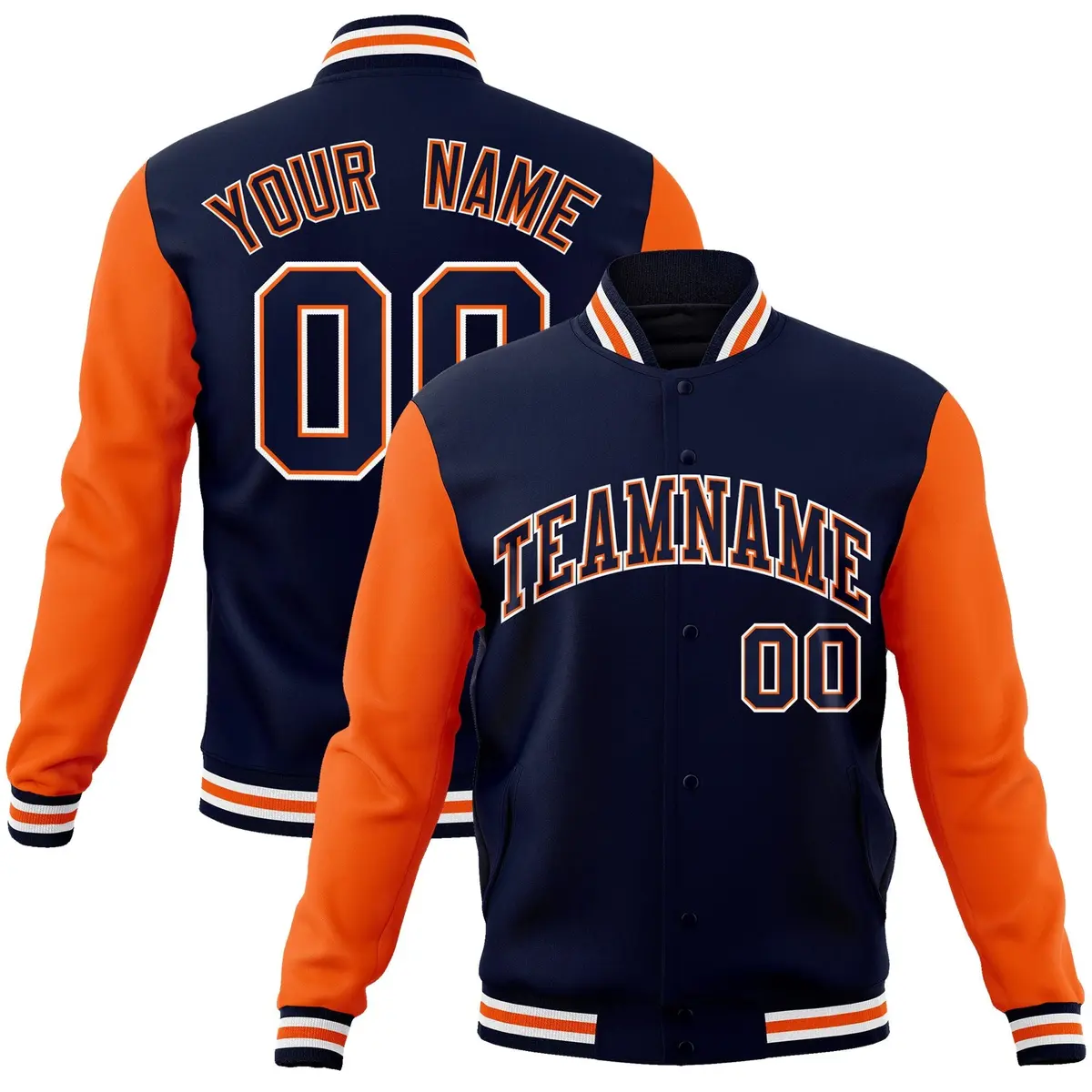 Navy Navy-Orange Raglan Varsity Full-Snap Letterman Jacket