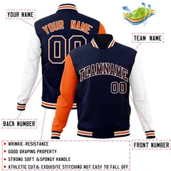 Navy Navy-Orange Raglan Varsity Full-Snap Letterman Jacket 4