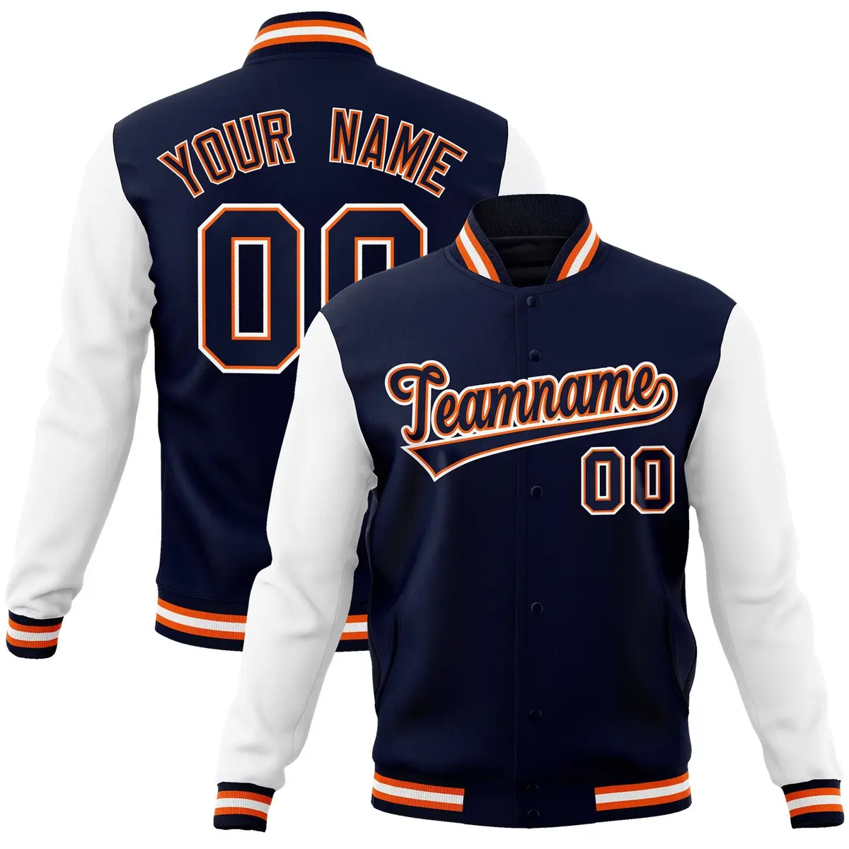 Navy Navy-Orange Raglan Varsity Full-Snap Letterman Jacket