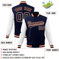 Navy Navy-Orange Raglan Varsity Full-Snap Letterman Jacket 4