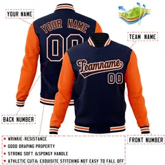 Navy Navy-Orange Raglan Varsity Full-Snap Letterman Jacket 4