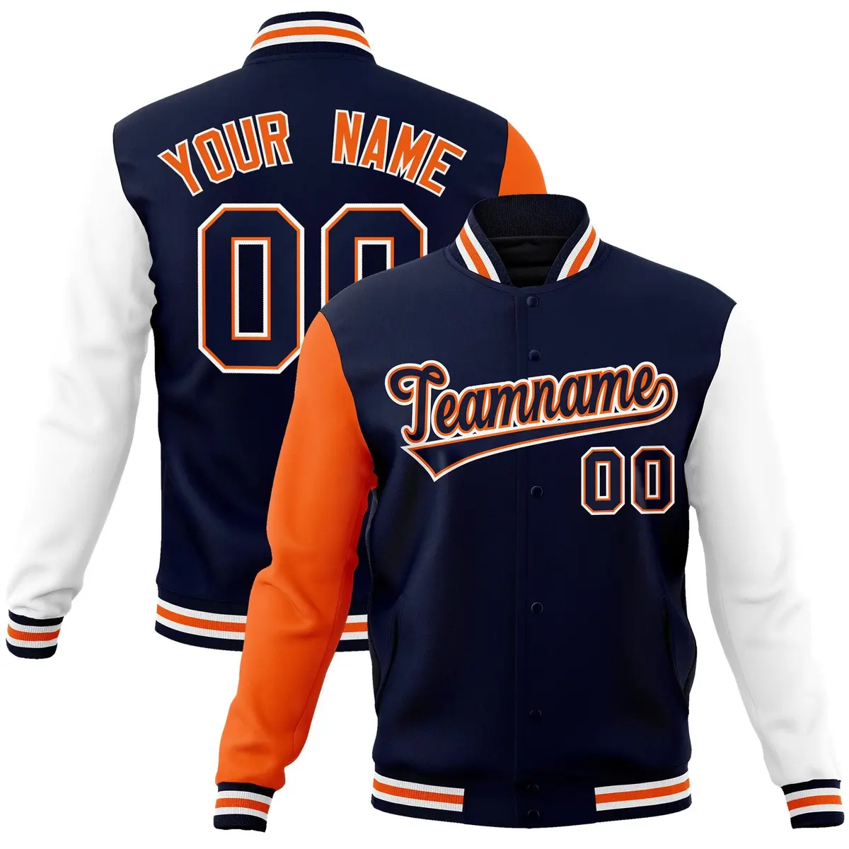Navy Navy-Orange Raglan Varsity Full-Snap Letterman Jacket