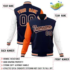 Navy Navy-Orange Raglan Varsity Full-Snap Letterman Jacket 4