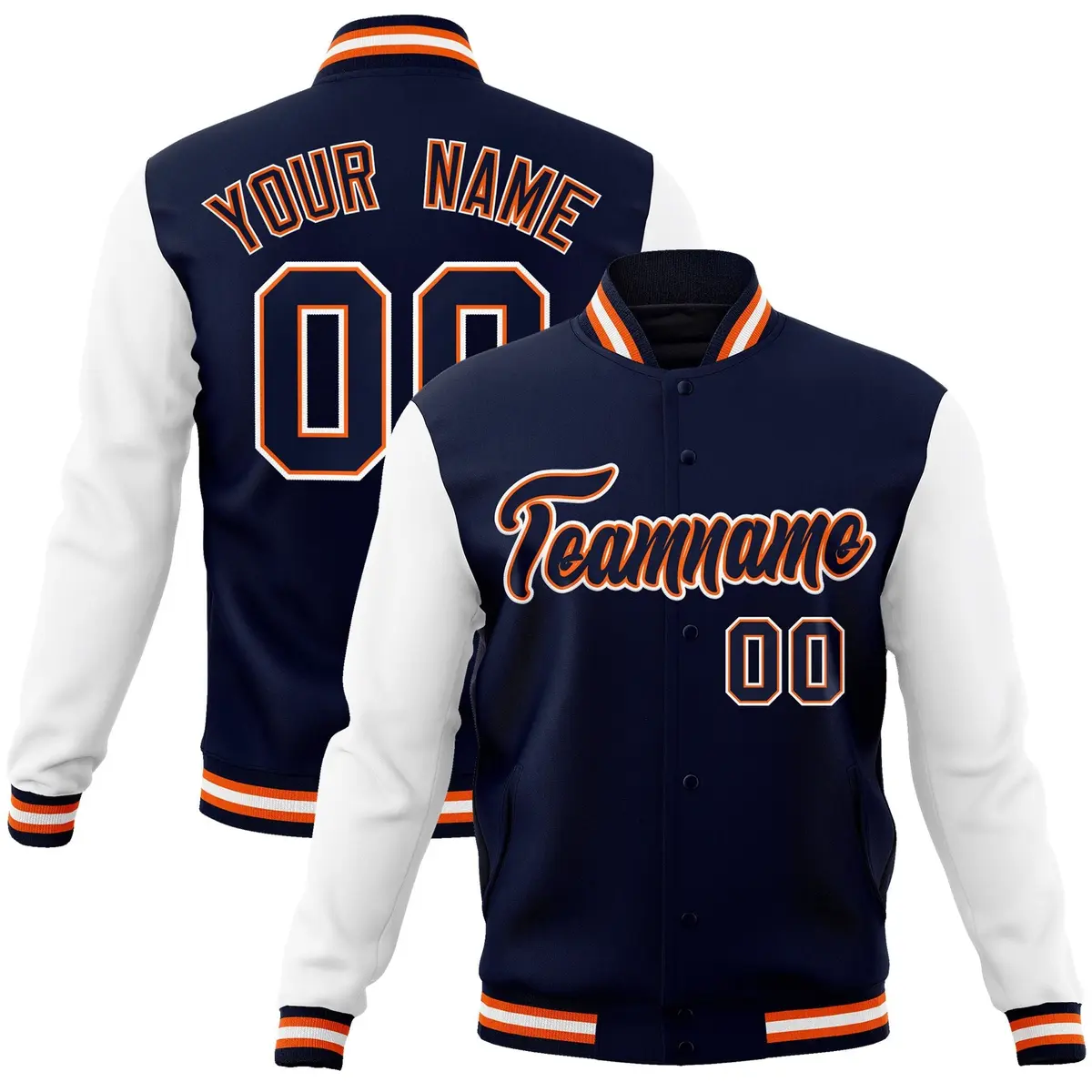 Navy Navy-Orange Raglan Varsity Full-Snap Letterman Jacket
