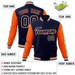 Navy Navy-Orange Raglan Varsity Full-Snap Letterman Jacket 4
