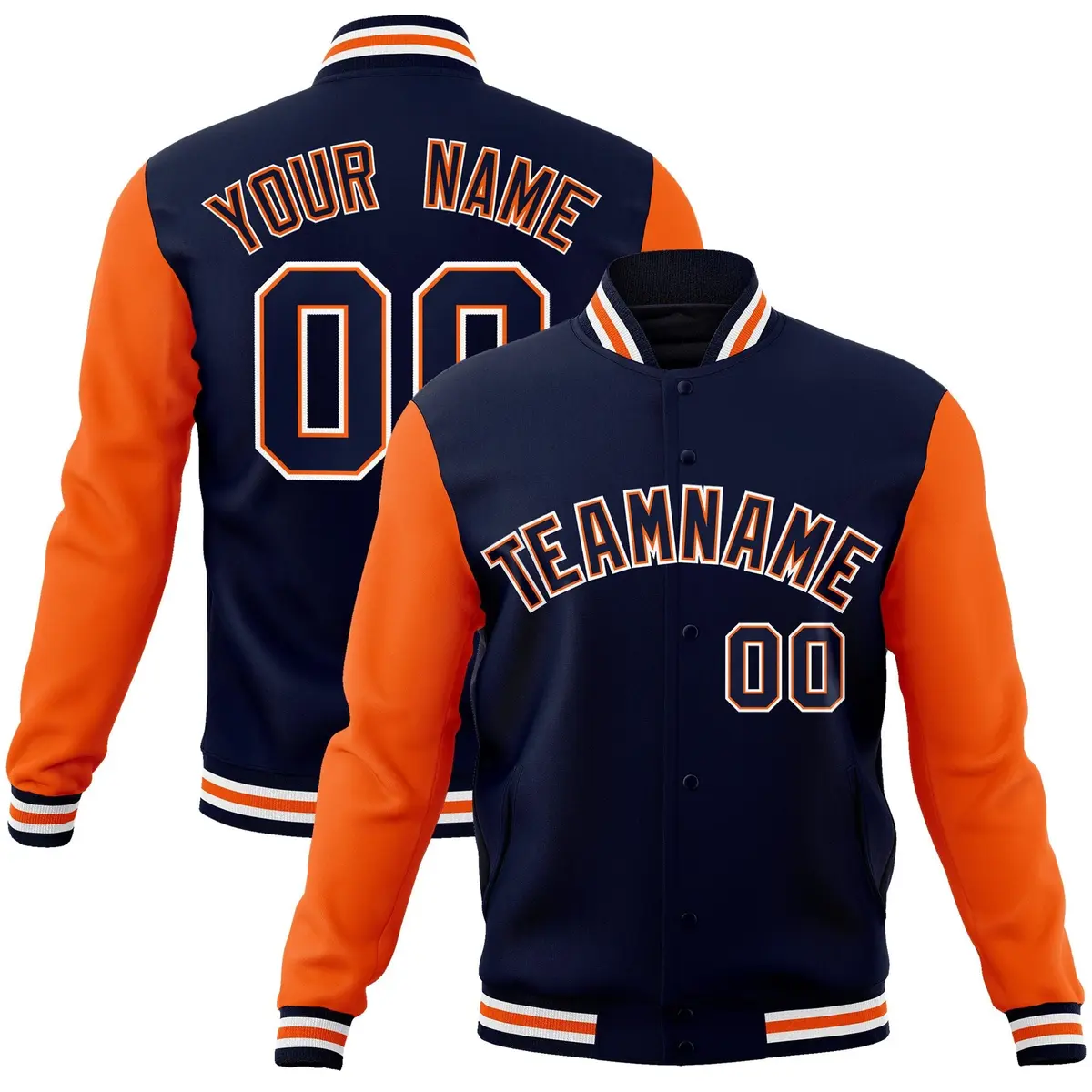 Navy Navy-Orange Raglan Varsity Full-Snap Letterman Jacket