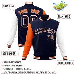 Navy Navy-Orange Raglan Varsity Full-Snap Letterman Jacket 4