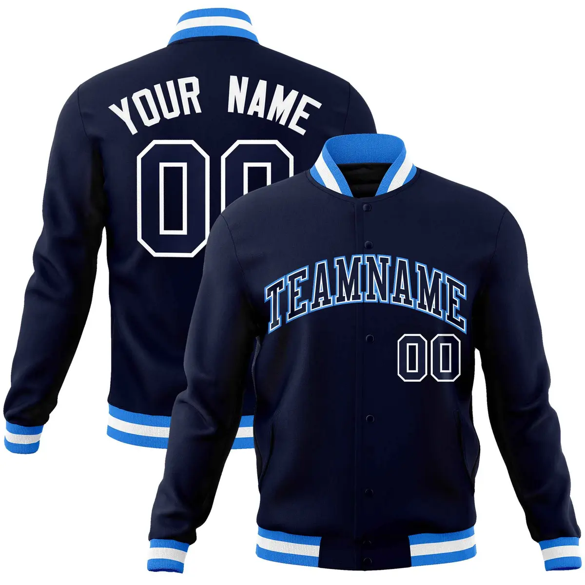 Navy Navy-Powder Blue Varsity Full-Snap Letterman Jacket