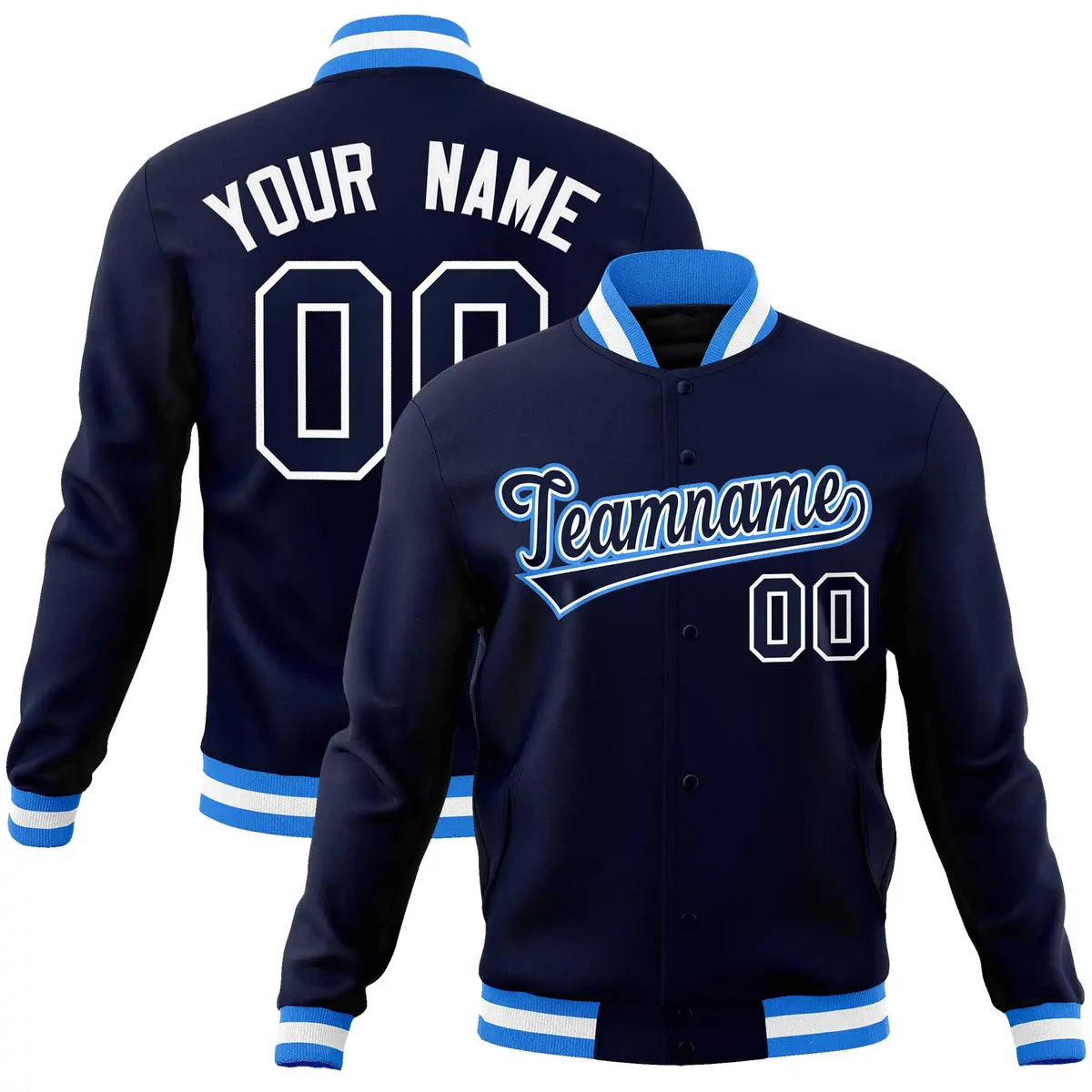 Navy Navy-Powder Blue Varsity Full-Snap Letterman Jacket