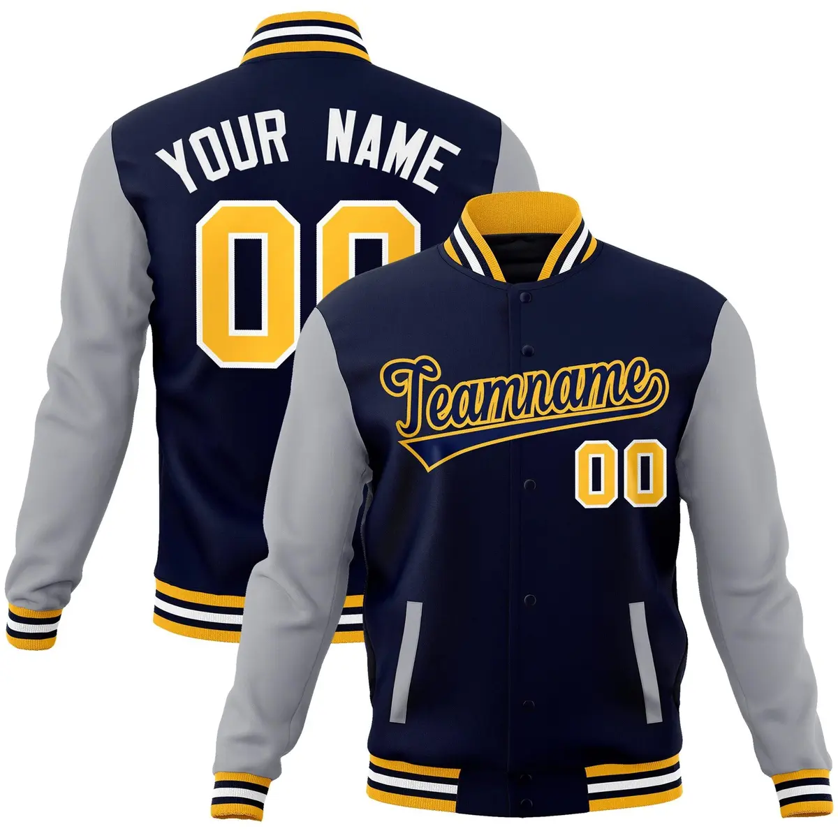 Navy Navy-Yellow Raglan Sleeves Varsity Full-Snap Letterman Jacket