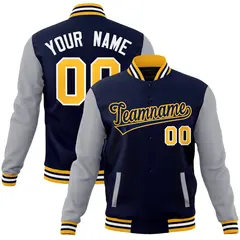 Navy Navy-Yellow Raglan Sleeves Varsity Full-Snap Letterman Jacket