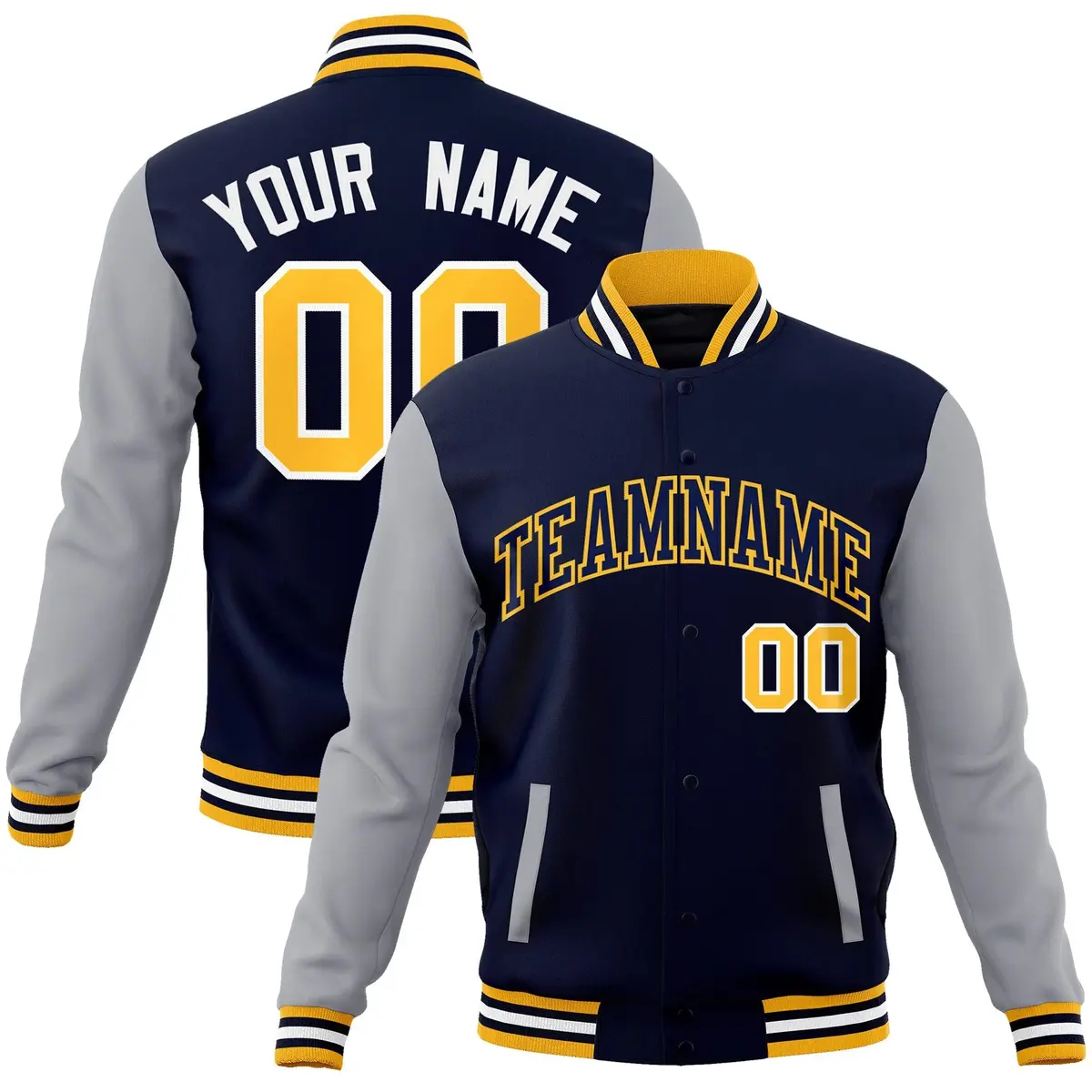 Navy Navy-Yellow Raglan Sleeves Varsity Full-Snap Letterman Jacket