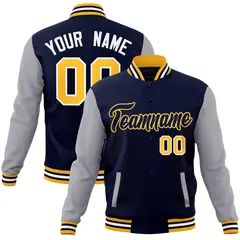 Navy Navy-Yellow Raglan Sleeves Varsity Full-Snap Letterman Jacket