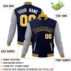 Navy Navy-Yellow Raglan Sleeves Varsity Full-Snap Letterman Jacket 4