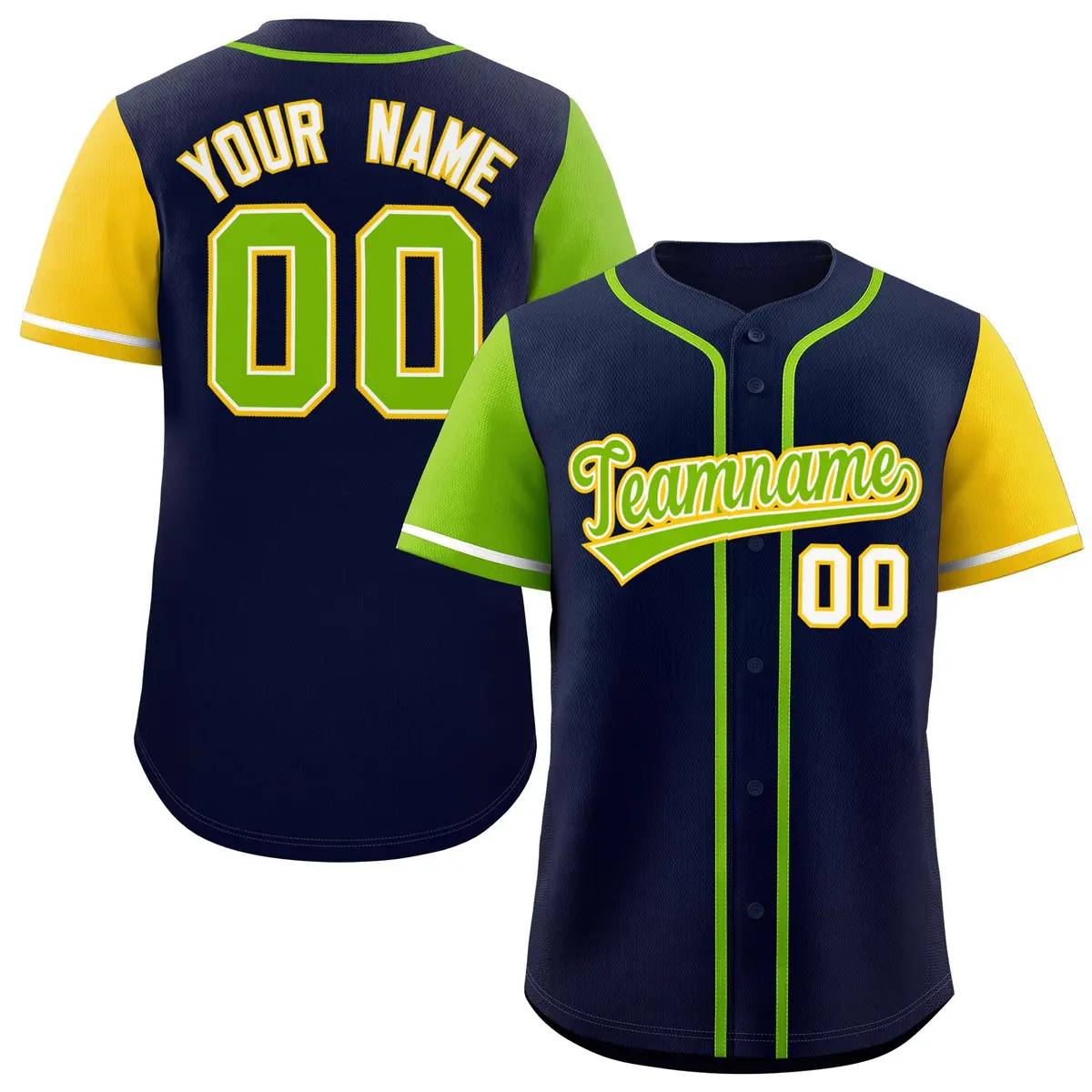 Navy Neon Green and Gold Raglan Baseball Jersey