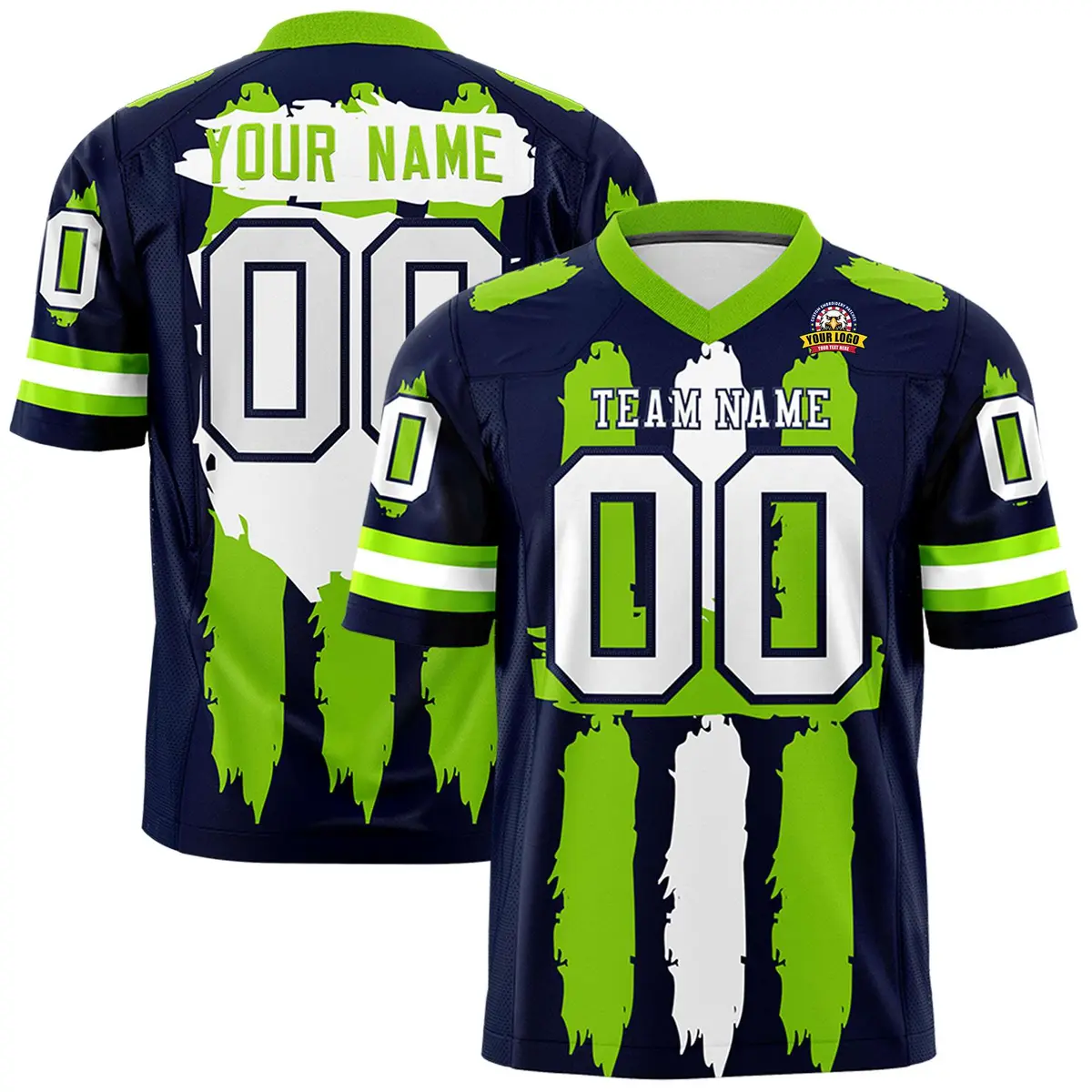 Navy Neon Green and White Graffiti Flag Football Jersey