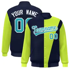 Navy Neon Green-Aqua Color Block Varsity Full-Snap Bomber Jacket