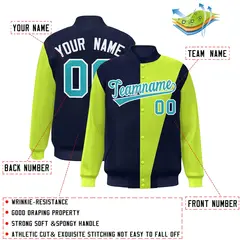 Navy Neon Green-Aqua Color Block Varsity Full-Snap Bomber Jacket 2