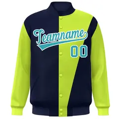 Navy Neon Green-Aqua Color Block Varsity Full-Snap Bomber Jacket 3