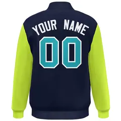 Navy Neon Green-Aqua Color Block Varsity Full-Snap Bomber Jacket 4