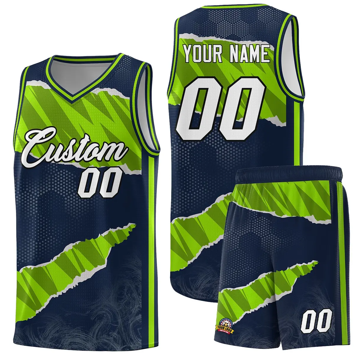 Navy Neon Green-Black Tear Graffiti Basketball Jersey