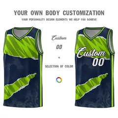 Navy Neon Green-Black Tear Graffiti Basketball Jersey 3