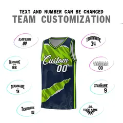 Navy Neon Green-Black Tear Graffiti Basketball Jersey 4