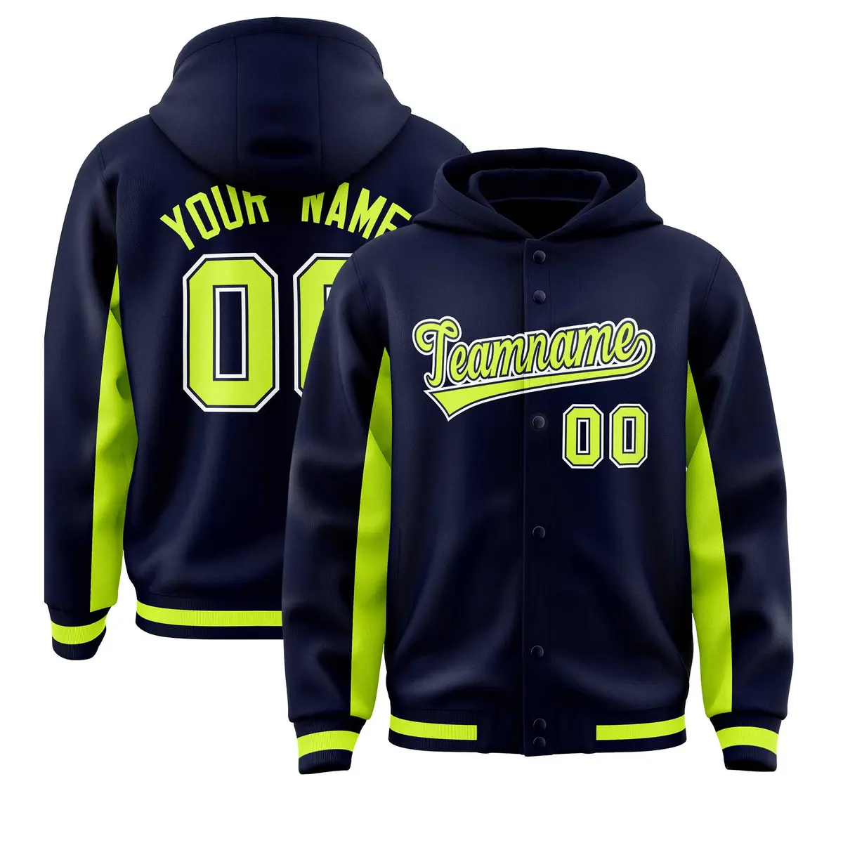 Navy Neon Green Color Block Varsity Letterman Jacket Hoodie