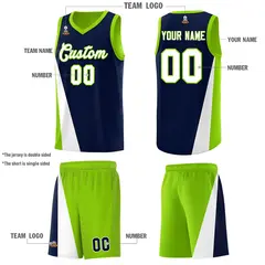 Navy Neon Green Diagonal Two-Line Color Block Basketball Jersey 5